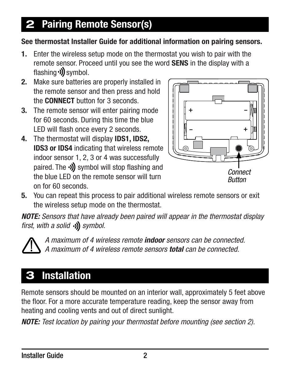 Pairing remote sensor(s), Installation | Braeburn 7390 User Manual | Page 2 / 6