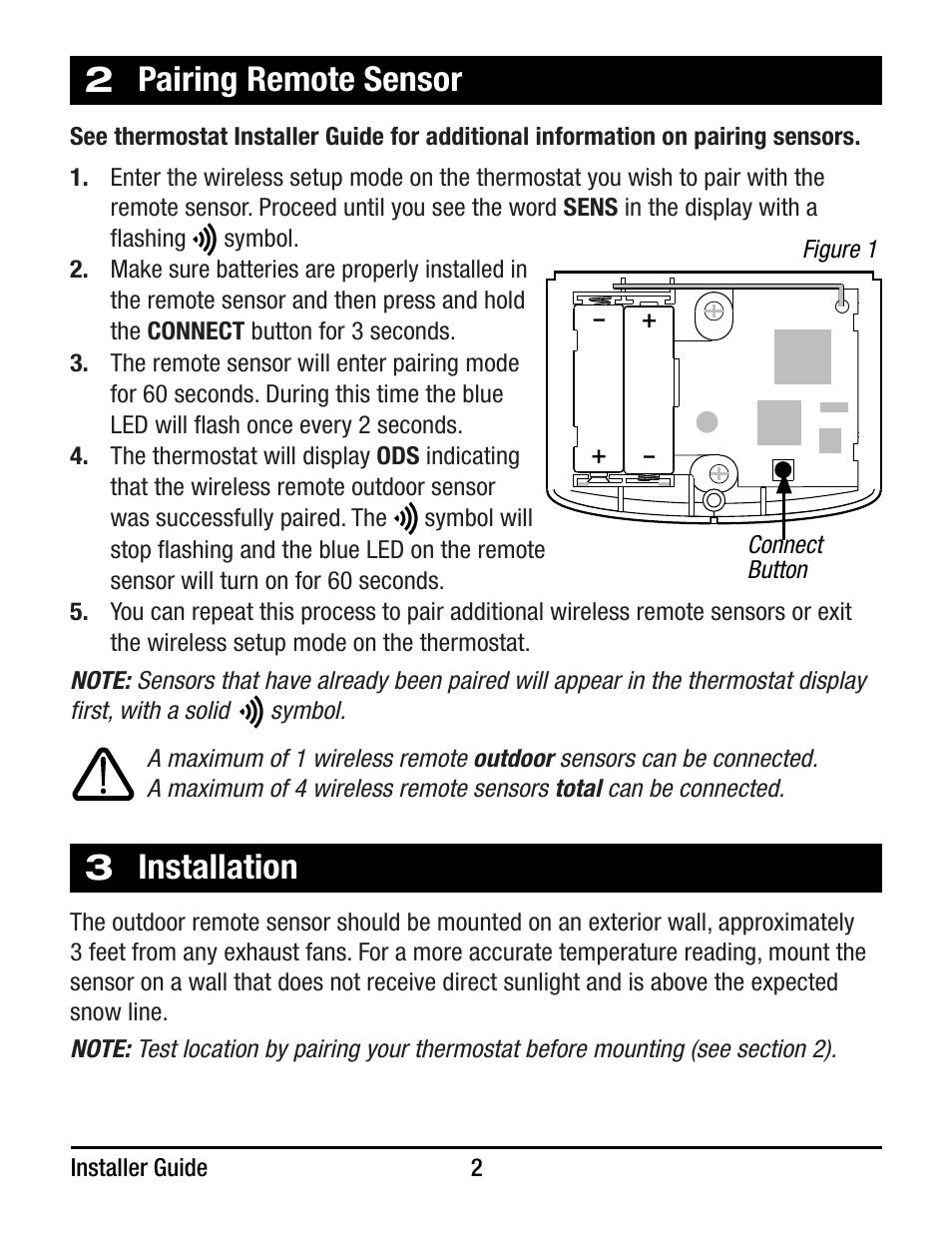 Pairing remote sensor, Installation | Braeburn 7490 User Manual | Page 2 / 6