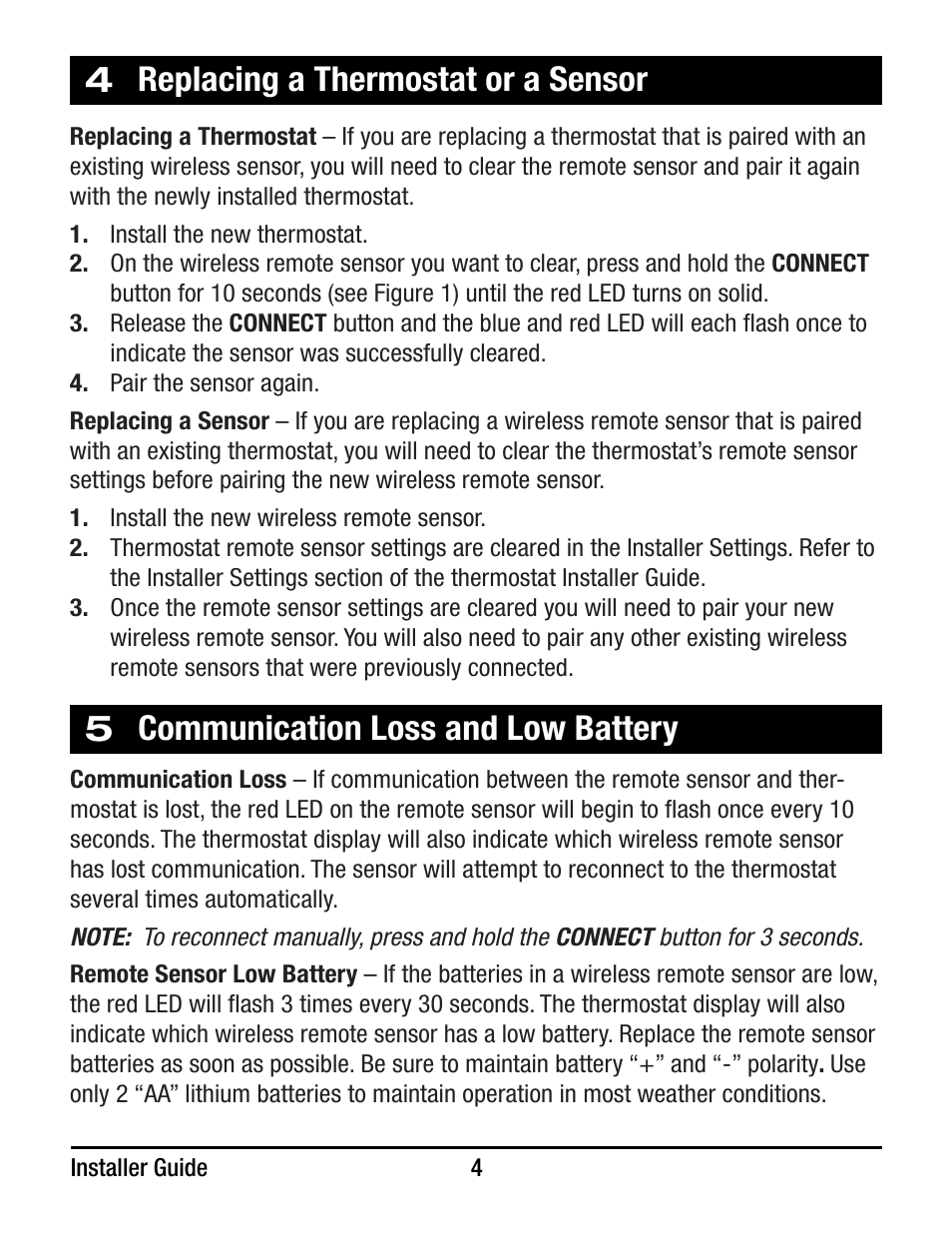 Replacing a thermostat or a sensor, Communication loss and low battery | Braeburn 7490 User Manual | Page 4 / 6