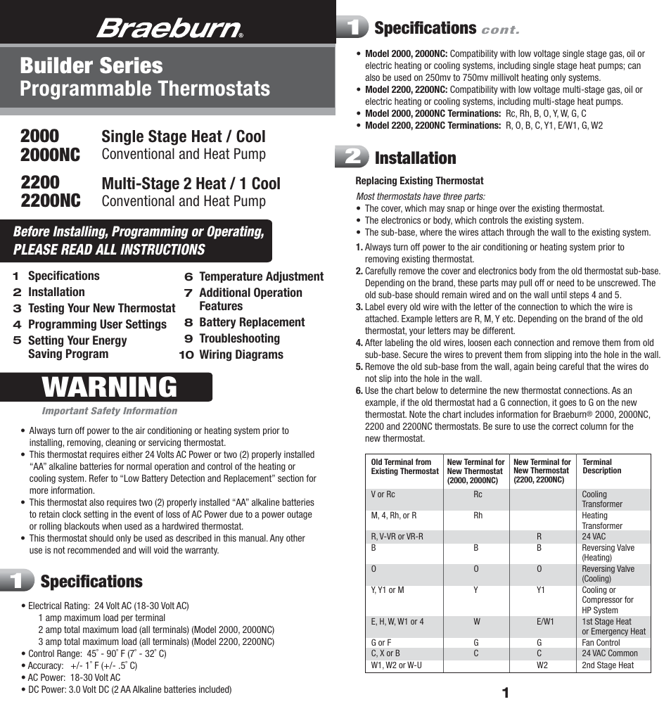 Braeburn 2200 User Manual | 9 pages