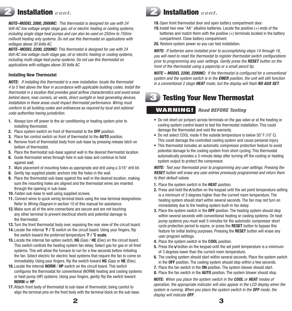 Installation, Testing your new thermostat | Braeburn 2200 User Manual | Page 2 / 9