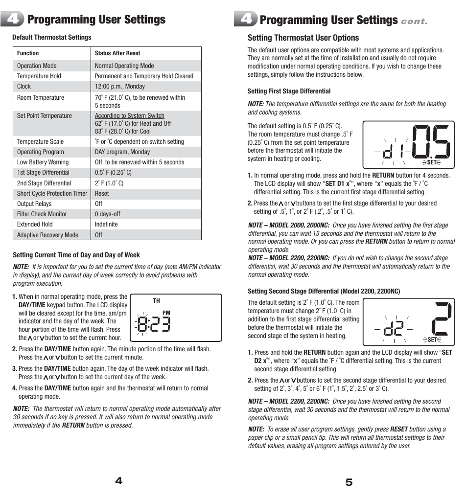 Programming user settings | Braeburn 2200 User Manual | Page 3 / 9