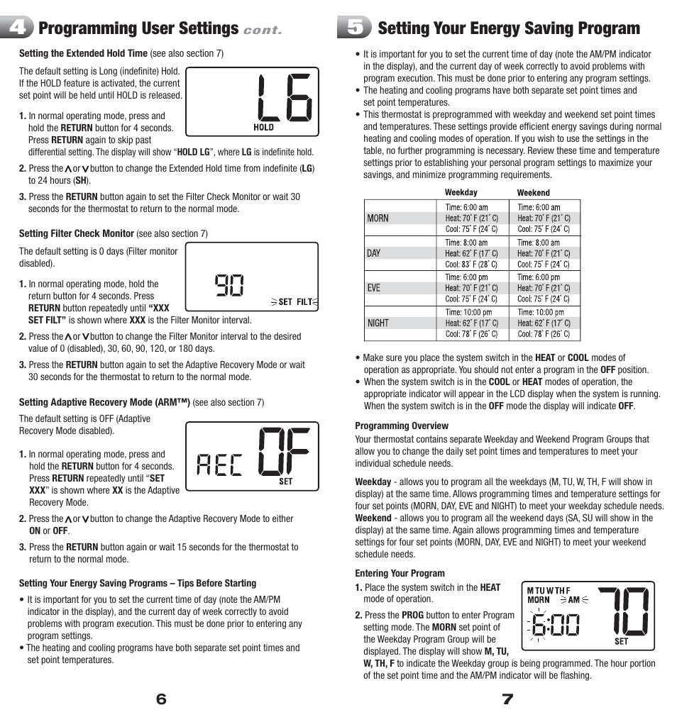 Programming user settings, Setting your energy saving program | Braeburn 2200 User Manual | Page 4 / 9