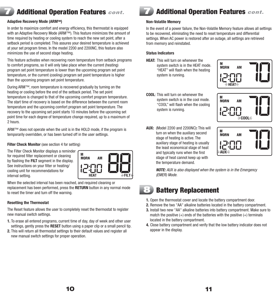 Additional operation features, Battery replacement | Braeburn 2200 User Manual | Page 6 / 9