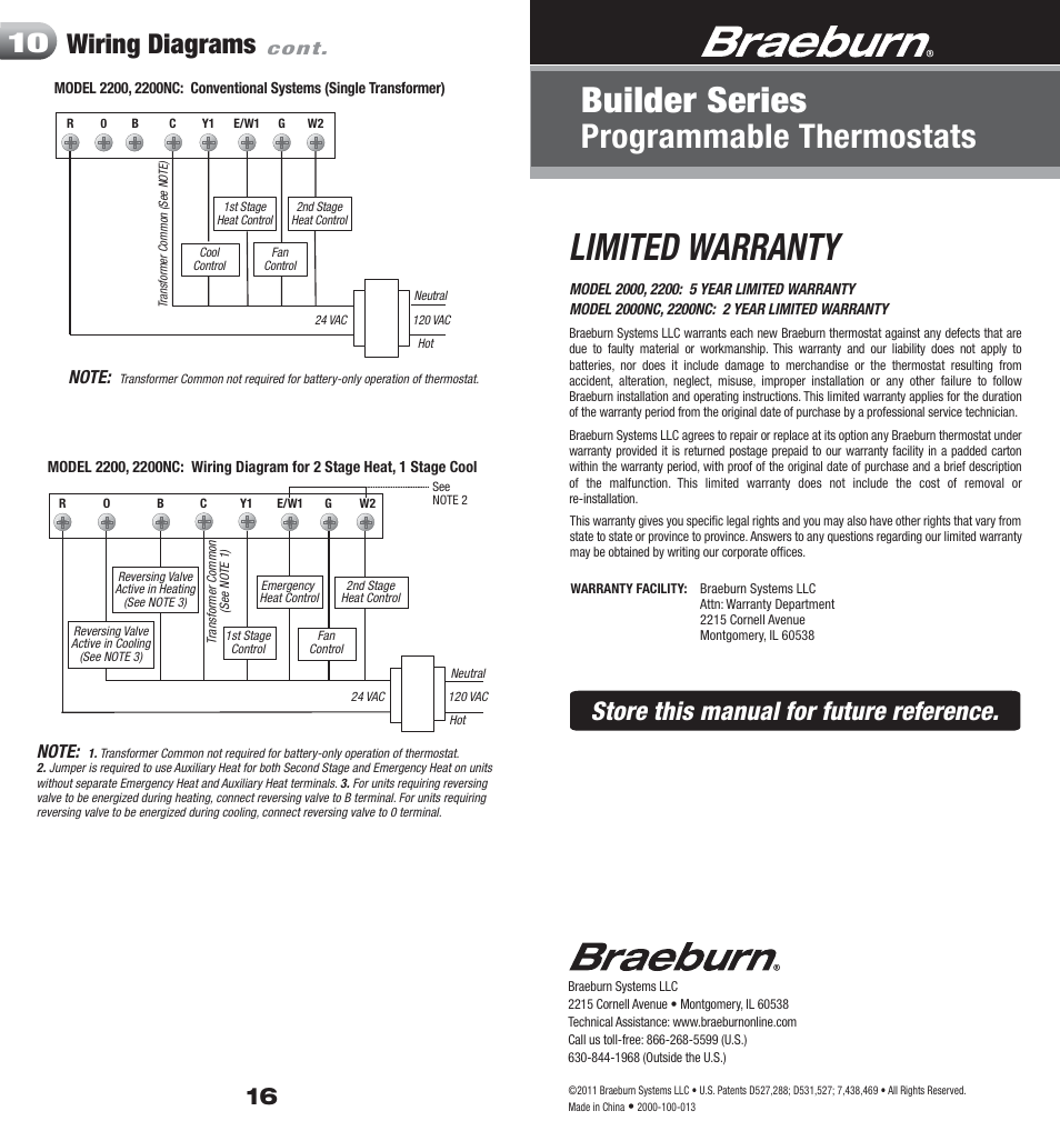 2000 16 warranty, Limited warranty, Builder series | Programmable thermostats, Wiring diagrams, Store this manual for future reference | Braeburn 2200 User Manual | Page 9 / 9