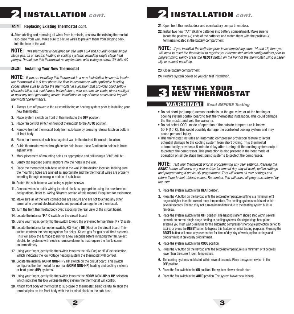 2010_2_3.pdf, 23 installation, Testing your new thermostat | Installation | Braeburn 2010 User Manual | Page 2 / 7