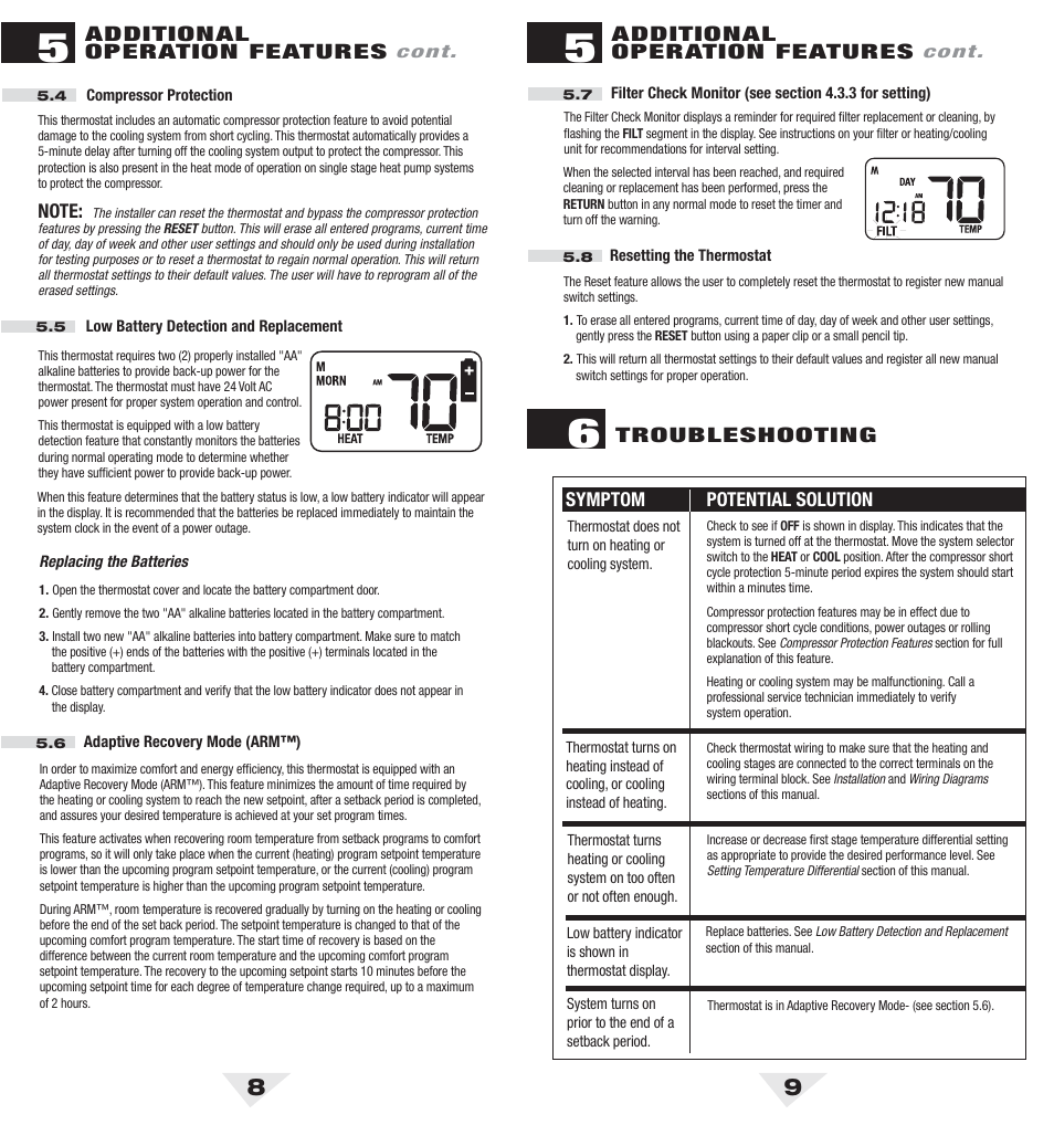 2010_8_9.pdf, Additional operation features, Troubleshooting | Symptom potential solution | Braeburn 2010 User Manual | Page 5 / 7