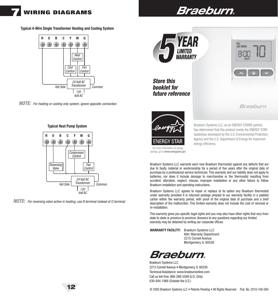 2010_12_bck.pdf, Store this booklet for future reference, Wiring diagrams | Potential solution | Braeburn 2010 User Manual | Page 7 / 7