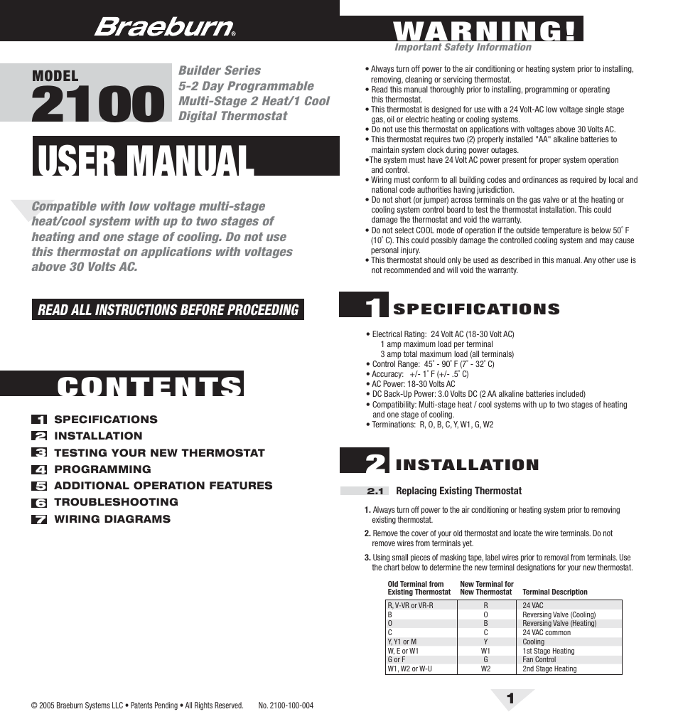 Braeburn 2100 User Manual | 7 pages