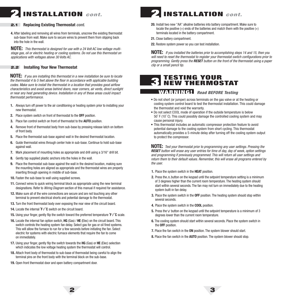 2100_2_3.pdf, 23 installation, Testing your new thermostat | Installation | Braeburn 2100 User Manual | Page 2 / 7