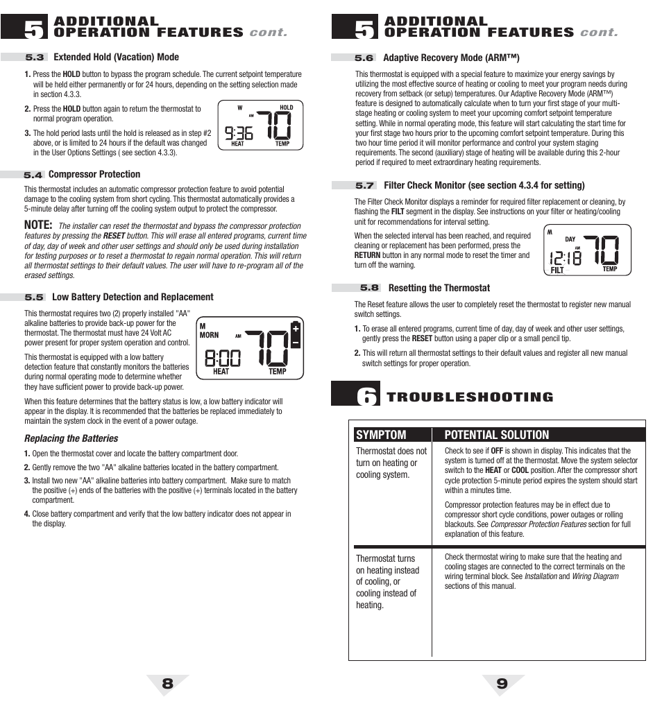 2100_8_9.pdf, Additional operation features, Troubleshooting | Symptom potential solution | Braeburn 2100 User Manual | Page 5 / 7