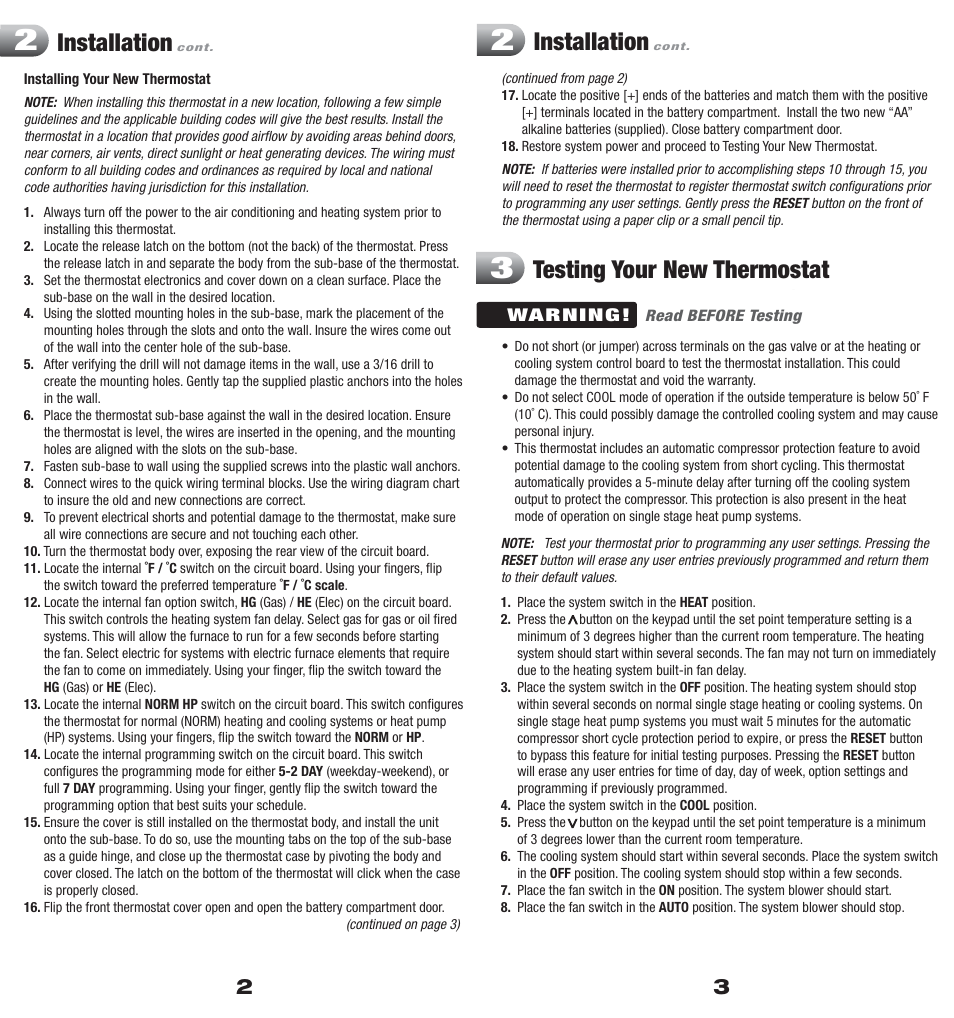 Installation, Testing your new thermostat | Braeburn 5000 User Manual | Page 2 / 9