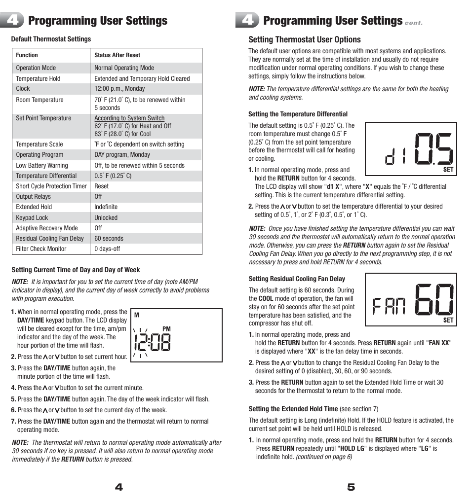 Programming user settings | Braeburn 5000 User Manual | Page 3 / 9