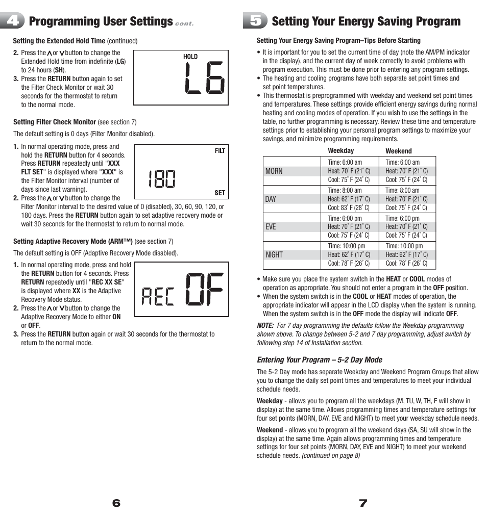 Programming user settings, Setting your energy saving program | Braeburn 5000 User Manual | Page 4 / 9