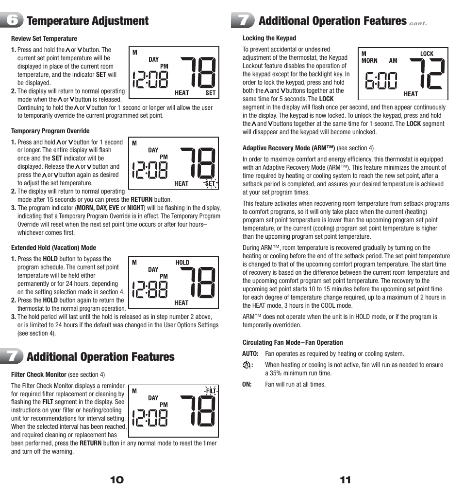 Temperature adjustment, Additional operation features | Braeburn 5000 User Manual | Page 6 / 9