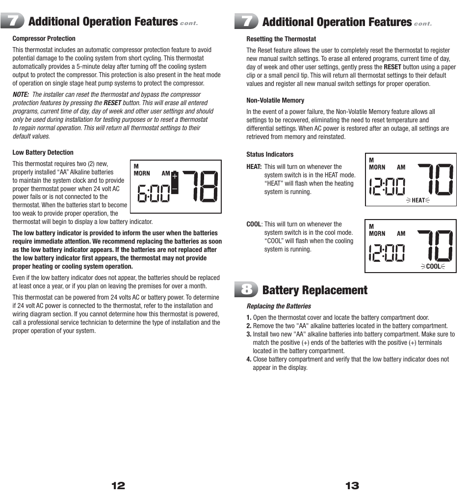 Additional operation features, Battery replacement | Braeburn 5000 User Manual | Page 7 / 9