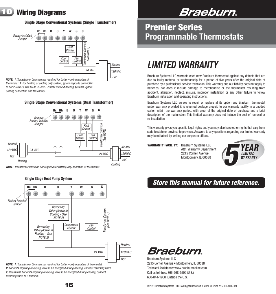 5000 16_warranty, Limited warranty, Year | Premier series, Programmable thermostats, Wiring diagrams 10, Store this manual for future reference | Braeburn 5000 User Manual | Page 9 / 9