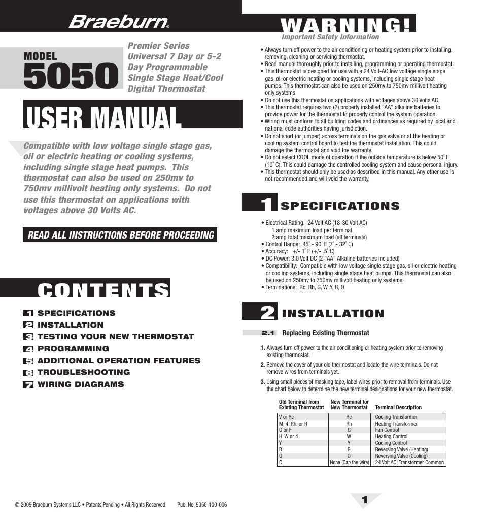 Braeburn 5050 User Manual | 9 pages