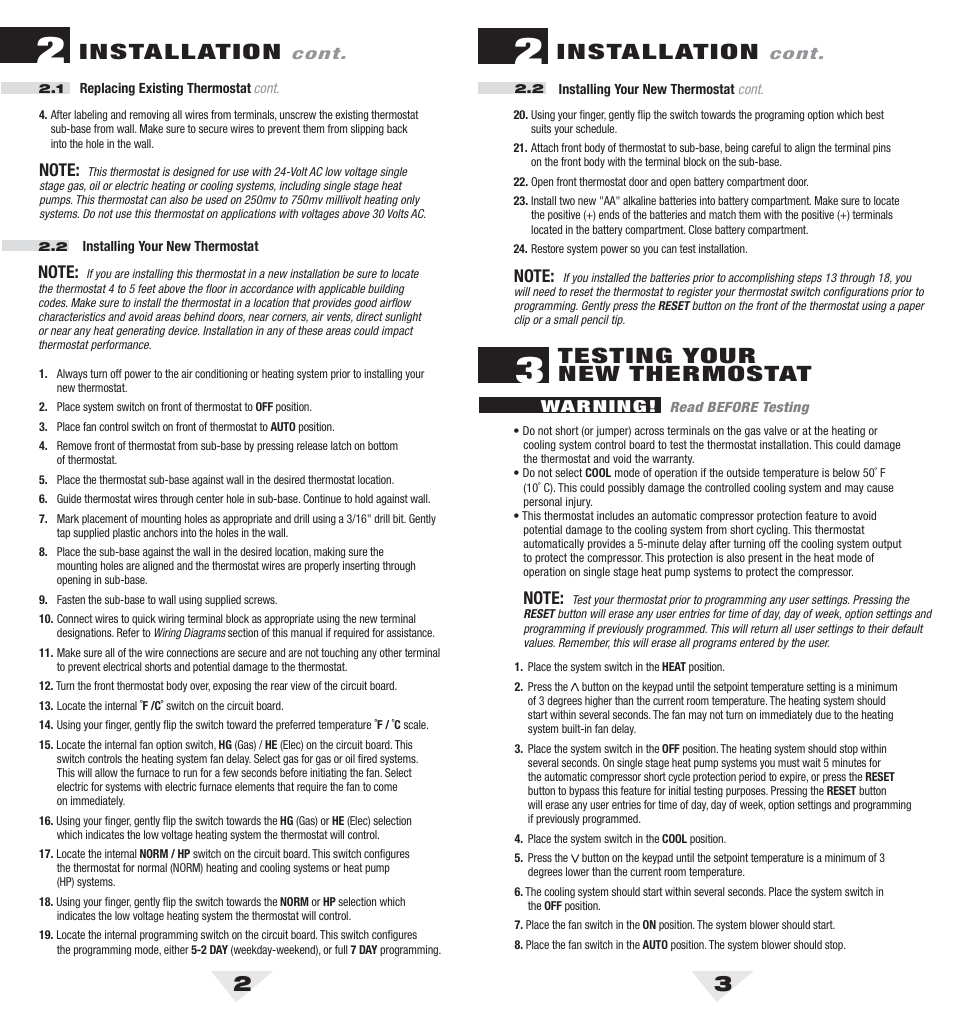 5050_2_3.pdf, 23 installation, Testing your new thermostat | Installation | Braeburn 5050 User Manual | Page 2 / 9