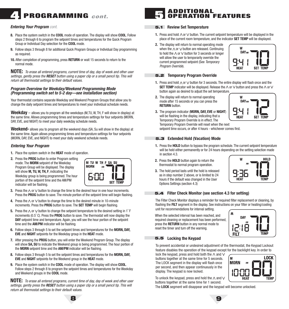 5050_8_9.pdf, Programming, Additional operation features | Braeburn 5050 User Manual | Page 5 / 9