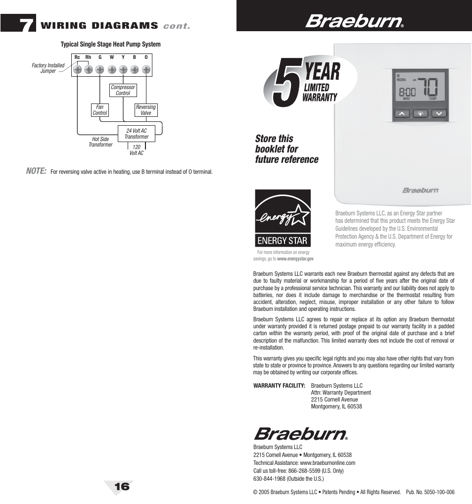 5050_15_bck.pdf, Store this booklet for future reference, Wiring diagrams | Braeburn 5050 User Manual | Page 9 / 9