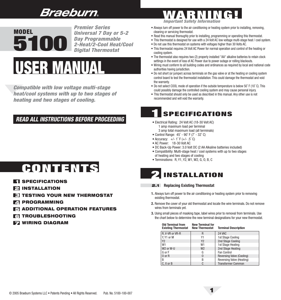 Braeburn 5100 User Manual | 8 pages