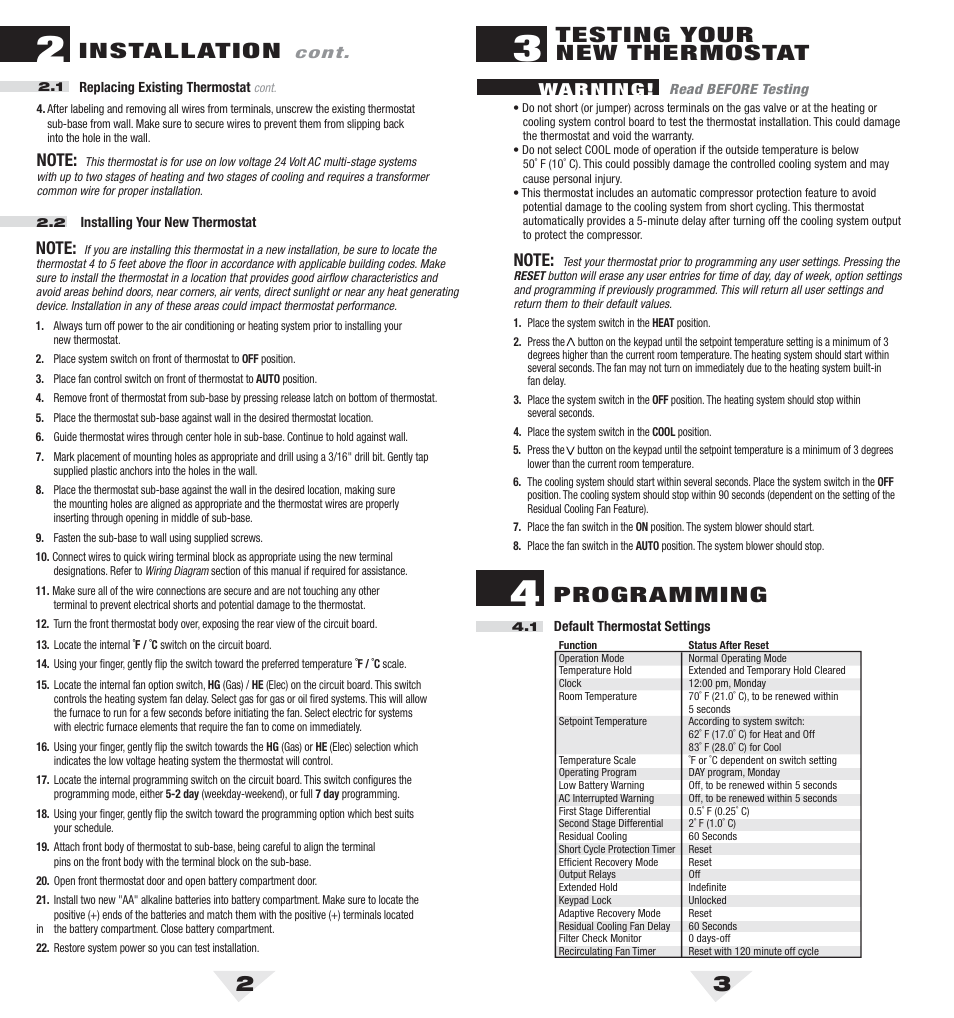 5100_2_3.pdf, Testing your new thermostat, Programming | Installation | Braeburn 5100 User Manual | Page 2 / 8