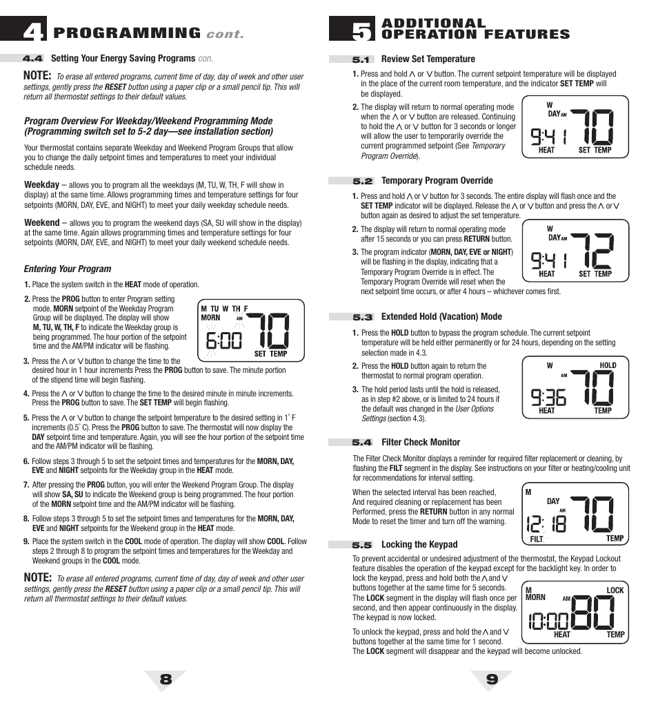 5100_8_9.pdf, Programming, Additional operation features | Braeburn 5100 User Manual | Page 5 / 8