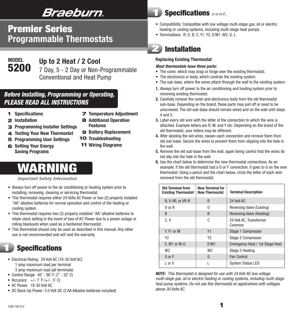 Braeburn 5200 User Manual | 11 pages