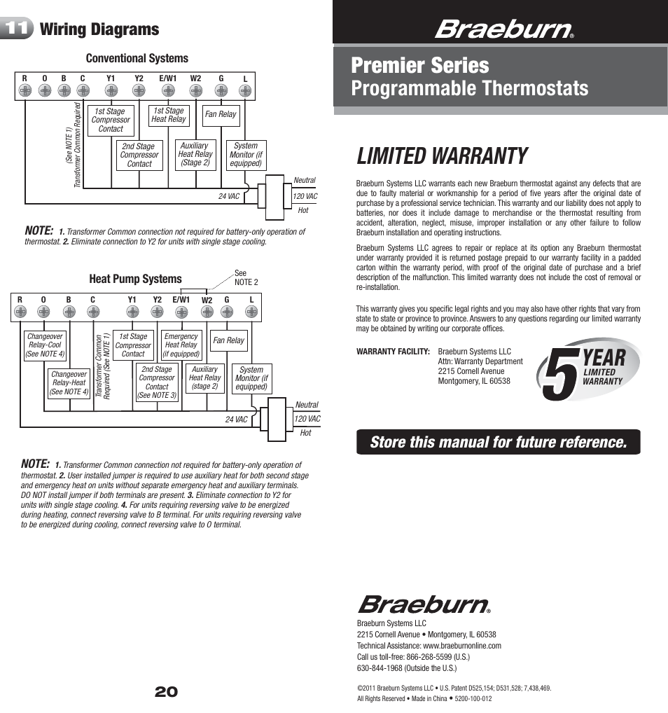 5200 20 warranty, Limited warranty, Year | Premier series, Programmable thermostats, Wiring diagrams 11, Store this manual for future reference | Braeburn 5200 User Manual | Page 11 / 11