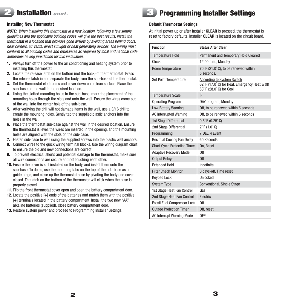 Installation, Programming installer settings | Braeburn 5200 User Manual | Page 2 / 11