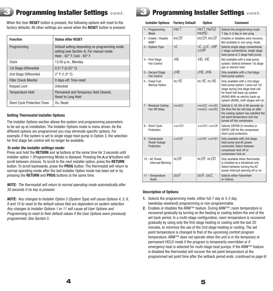 Programming installer settings | Braeburn 5200 User Manual | Page 3 / 11