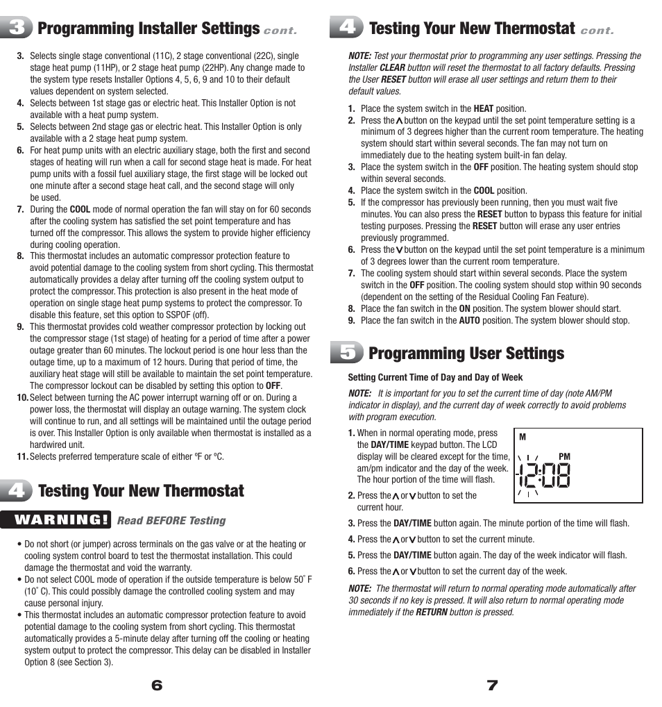 Testing your new thermostat, Programming user settings | Braeburn 5200 User Manual | Page 4 / 11