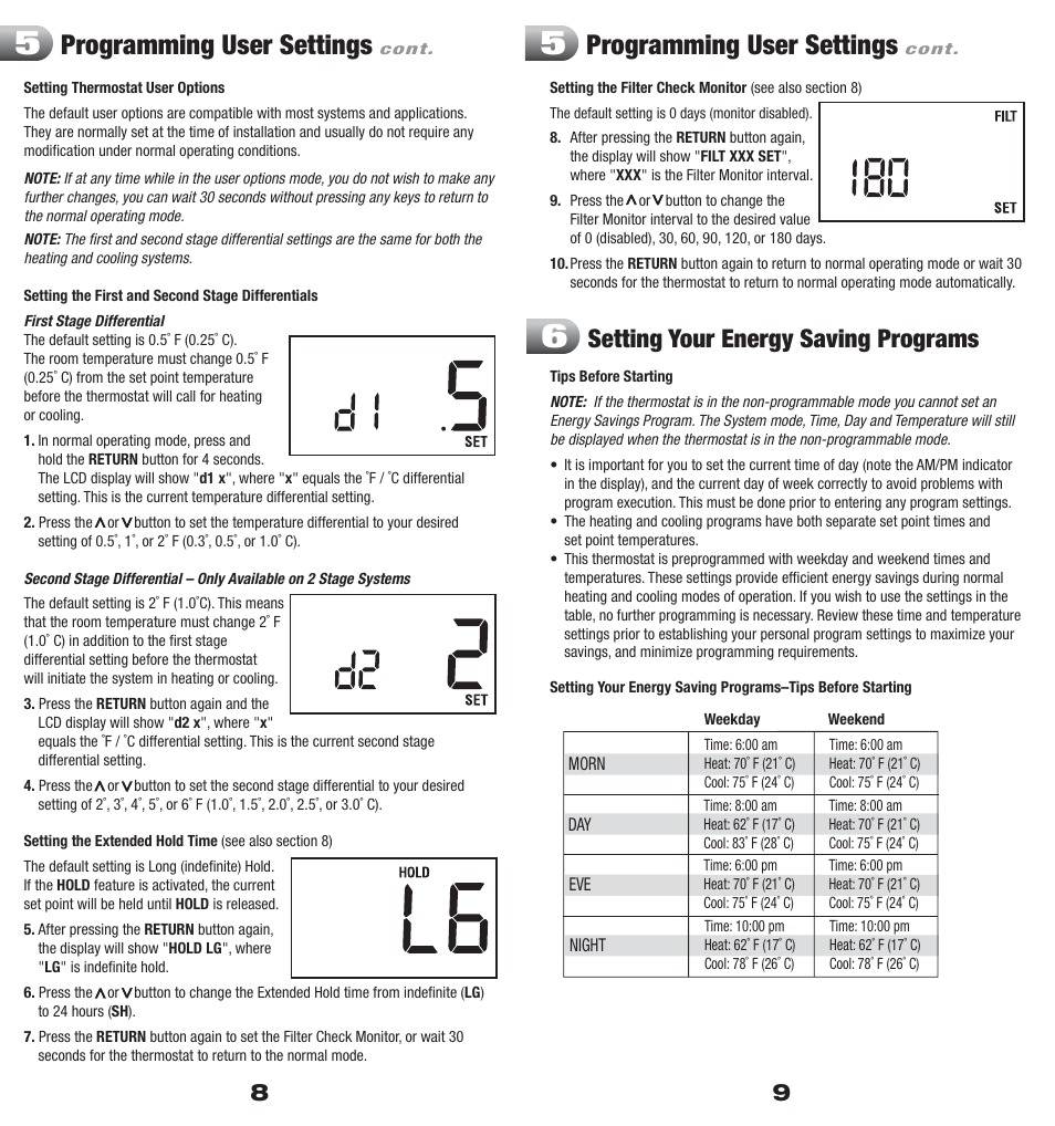 Programming user settings, Setting your energy saving programs | Braeburn 5200 User Manual | Page 5 / 11