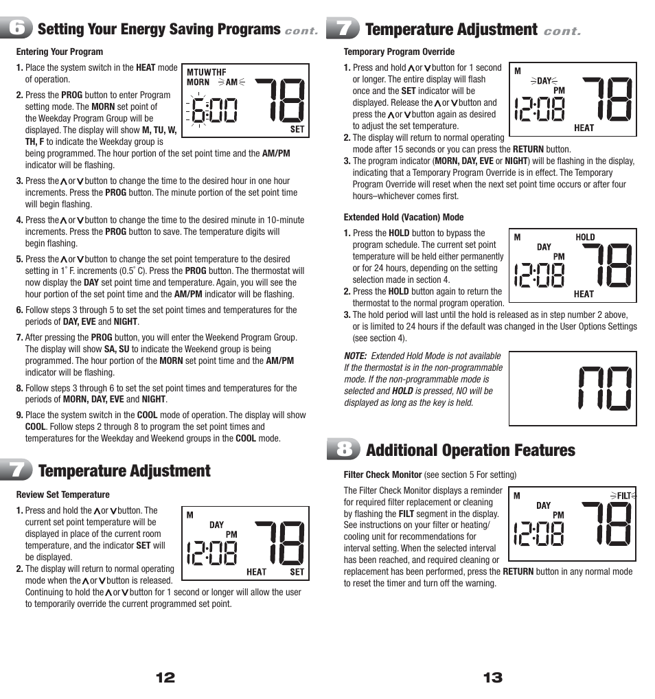 Temperature adjustment, Additional operation features, Setting your energy saving programs | Braeburn 5200 User Manual | Page 7 / 11