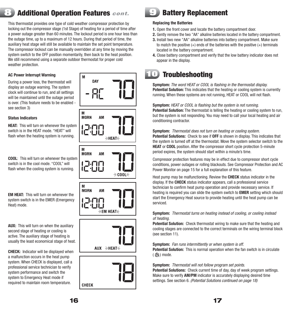 Additional operation features, Battery replacement, Troubleshooting 10 | Braeburn 5200 User Manual | Page 9 / 11