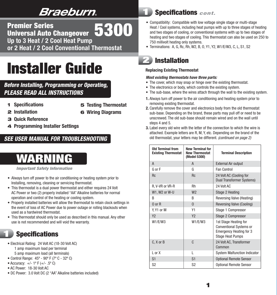 Braeburn 5300 3H-2C Installer Manual User Manual | 10 pages