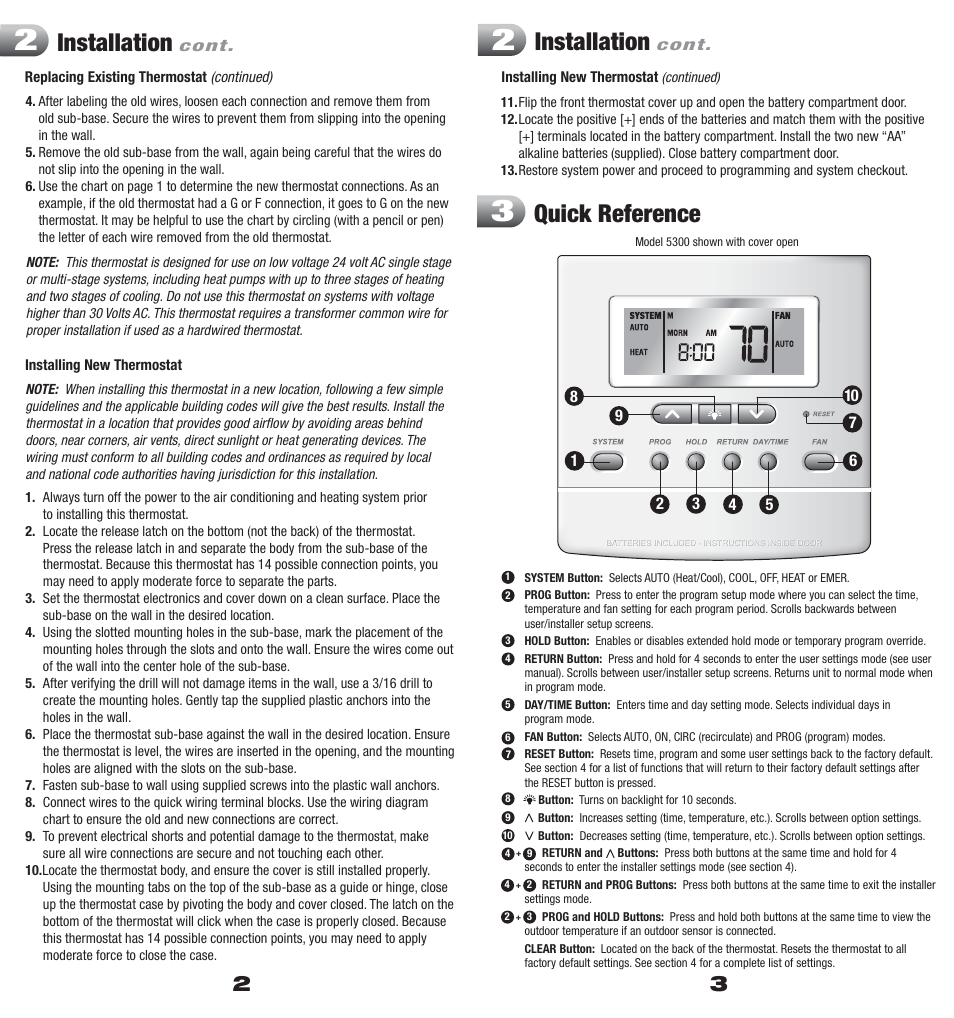 5300_install_2_3.pdf, Installation, Quick reference | Braeburn 5300 3H-2C Installer Manual User Manual | Page 2 / 10