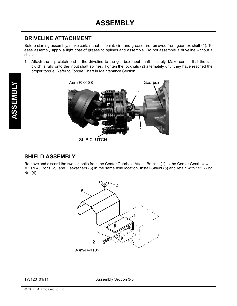 Driveline attachment, Shield assembly, Driveline attachment -8 shield assembly -8 | Assembly, Assembl y | Blue Rhino TW120 FC-0024 User Manual | Page 104 / 194