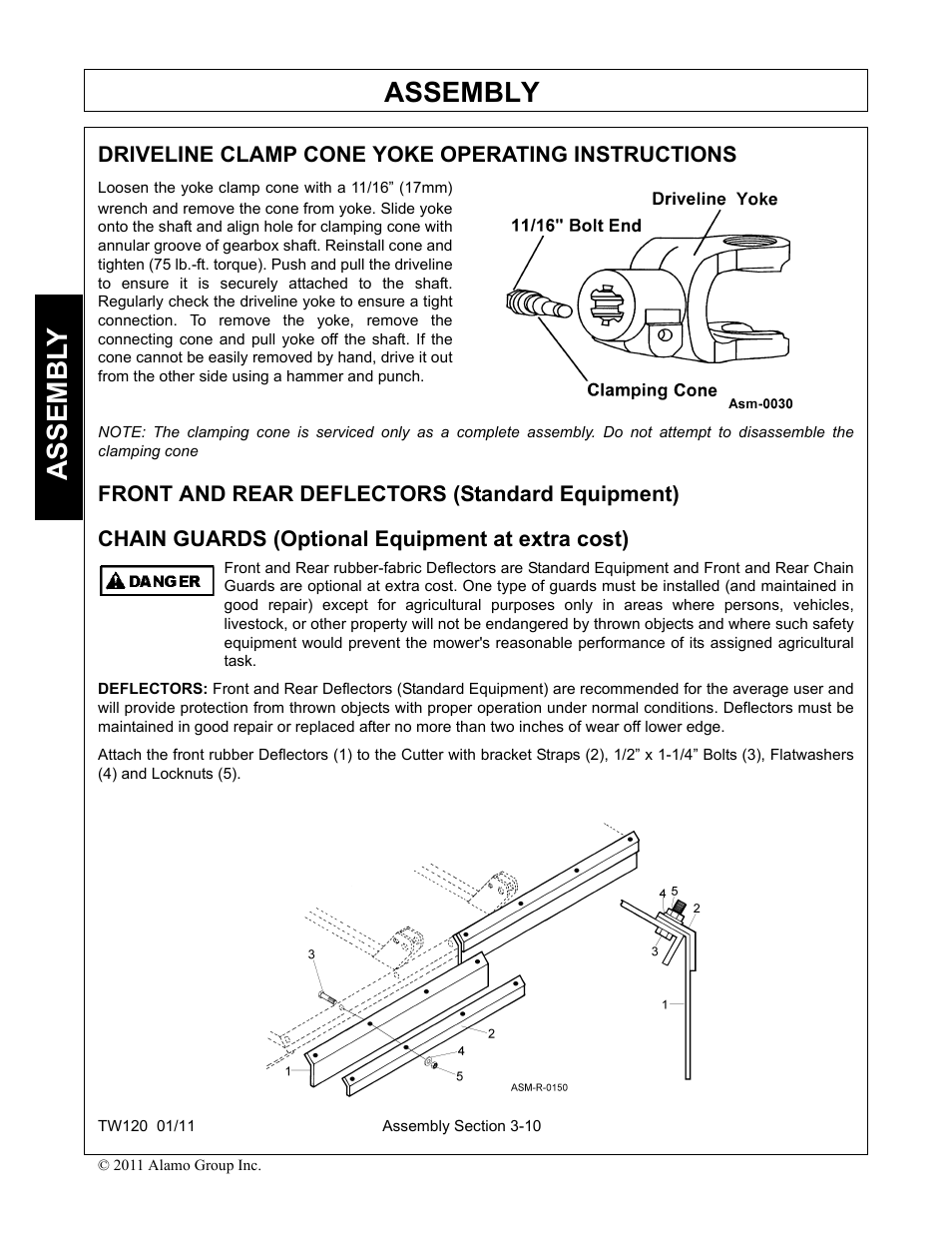 Driveline clamp cone yoke operating instructions, Front and rear deflectors (standard equipment), Chain guards (optional equipment at extra cost) | Assembly, Assembl y | Blue Rhino TW120 FC-0024 User Manual | Page 106 / 194