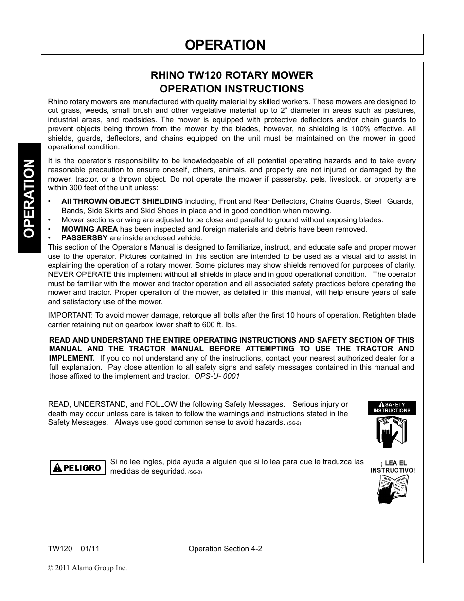 Rhino tw120 rotary mower, Operation instructions, Operation | Opera t ion, Rhino tw120 rotary mower operation instructions | Blue Rhino TW120 FC-0024 User Manual | Page 110 / 194