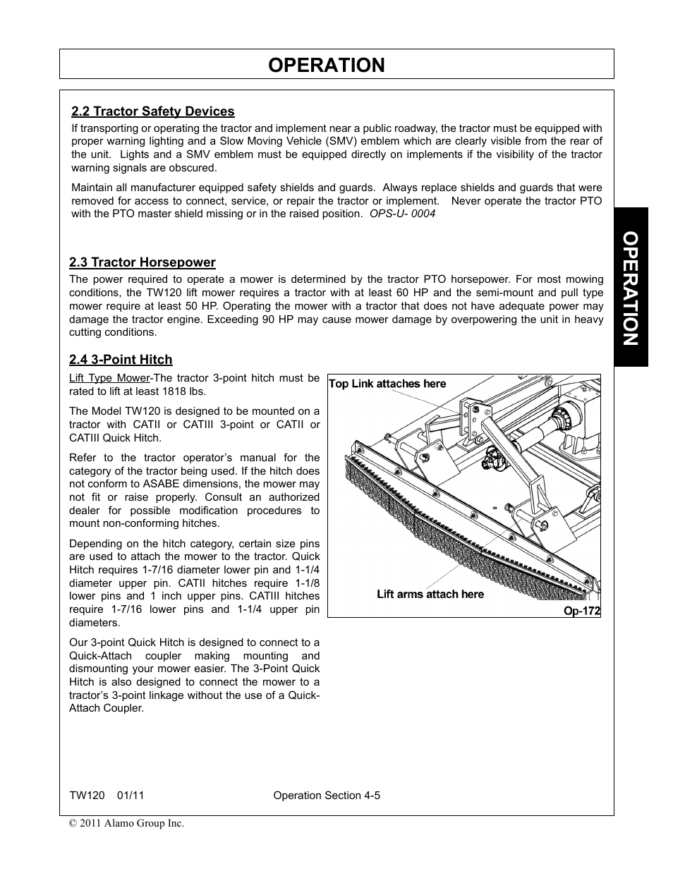 2 tractor safety devices, 3 tractor horsepower, 4 3-point hitch | Operation, Opera t ion | Blue Rhino TW120 FC-0024 User Manual | Page 113 / 194