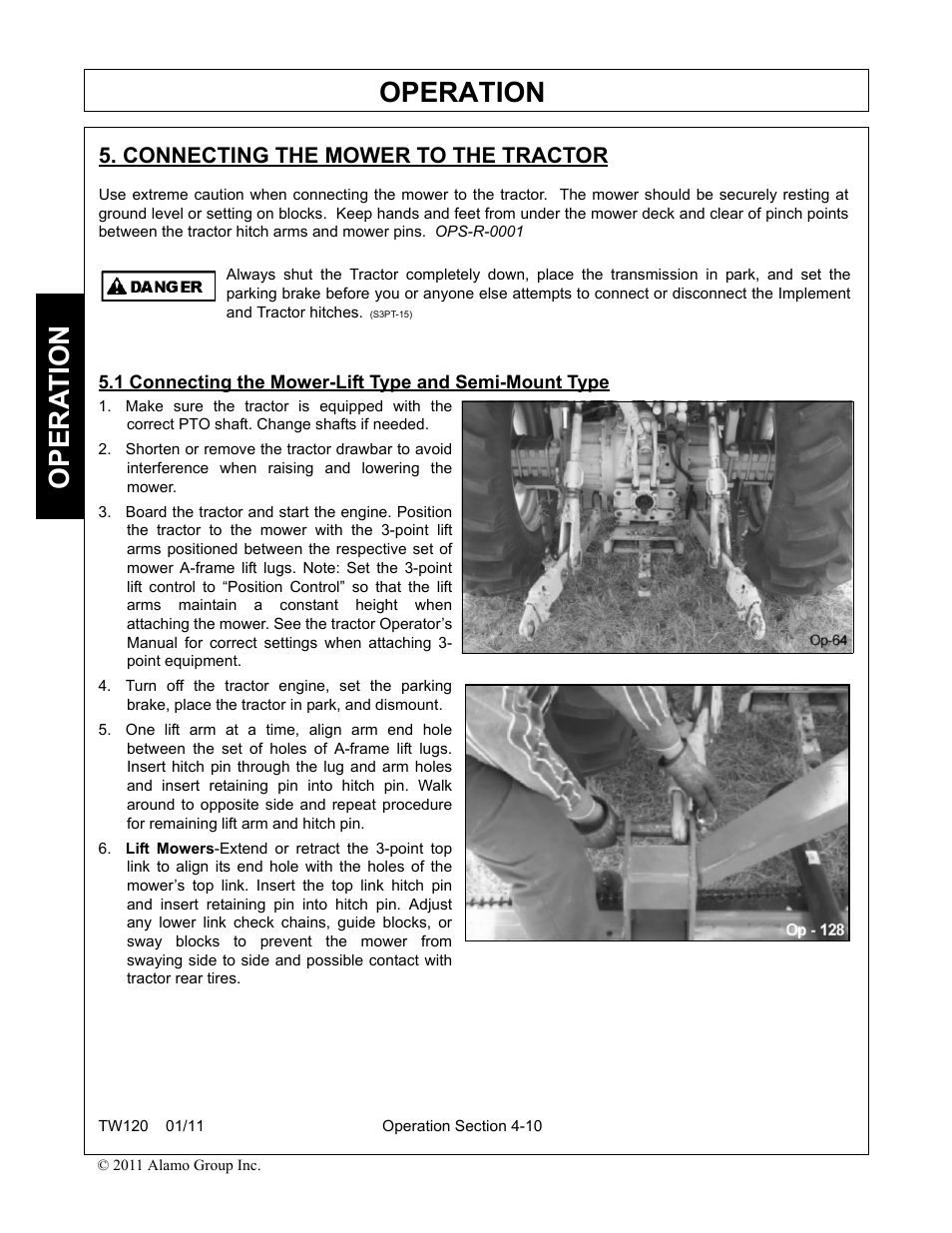 Connecting the mower to the tractor, Operation, Opera t ion | Blue Rhino TW120 FC-0024 User Manual | Page 118 / 194