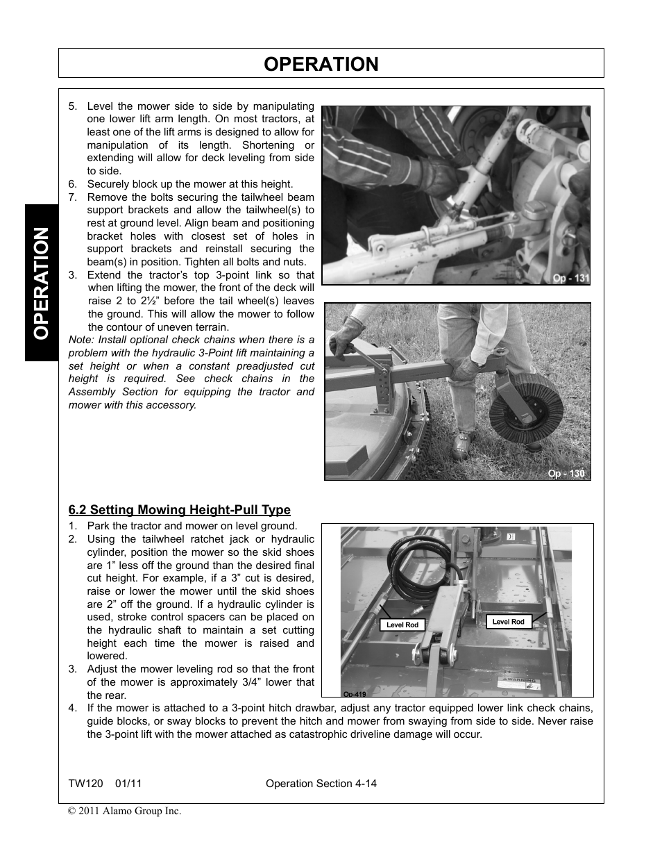 Securely block up the mower at this height, 2 setting mowing height-pull type, Park the tractor and mower on level ground | Setting mowing height-pull type -14, Operation, Opera t ion | Blue Rhino TW120 FC-0024 User Manual | Page 122 / 194