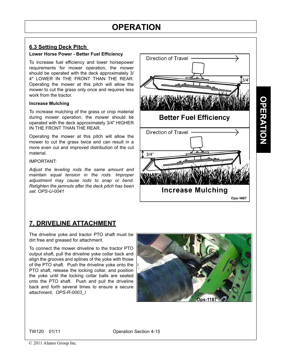 3 setting deck pitch, Driveline attachment, Setting deck pitch -15 driveline attachment -15 | Operation, Opera t ion | Blue Rhino TW120 FC-0024 User Manual | Page 123 / 194