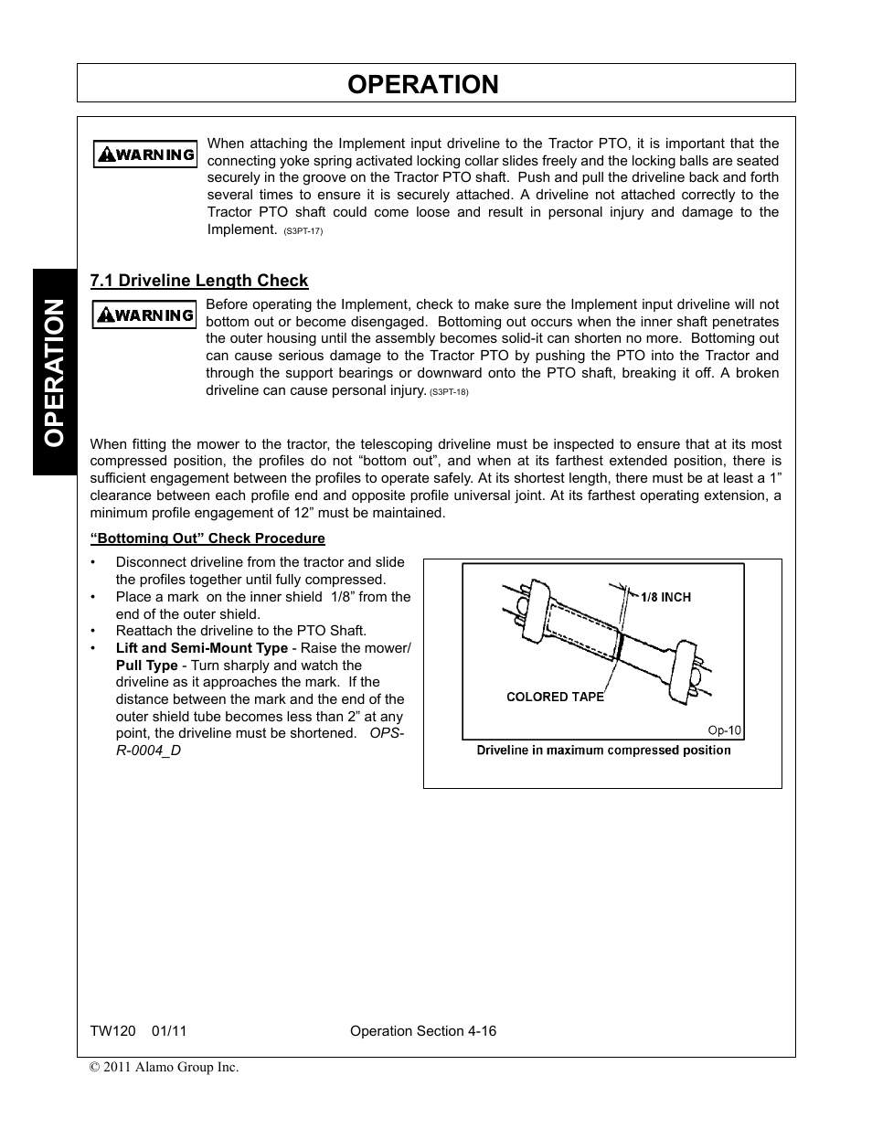 1 driveline length check, Driveline length check -16, Operation | Opera t ion | Blue Rhino TW120 FC-0024 User Manual | Page 124 / 194