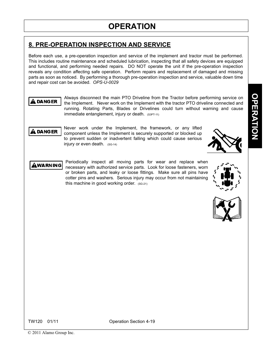 Pre-operation inspection and service, Pre-operation inspection and service -19, Operation | Opera t ion | Blue Rhino TW120 FC-0024 User Manual | Page 127 / 194