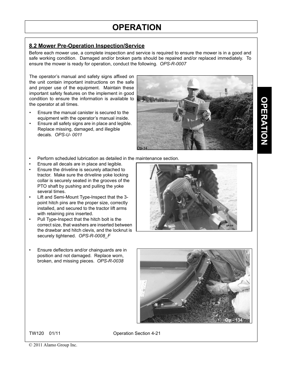 2 mower pre-operation inspection/service, Mower pre-operation inspection/service -21, Operation | Opera t ion | Blue Rhino TW120 FC-0024 User Manual | Page 129 / 194