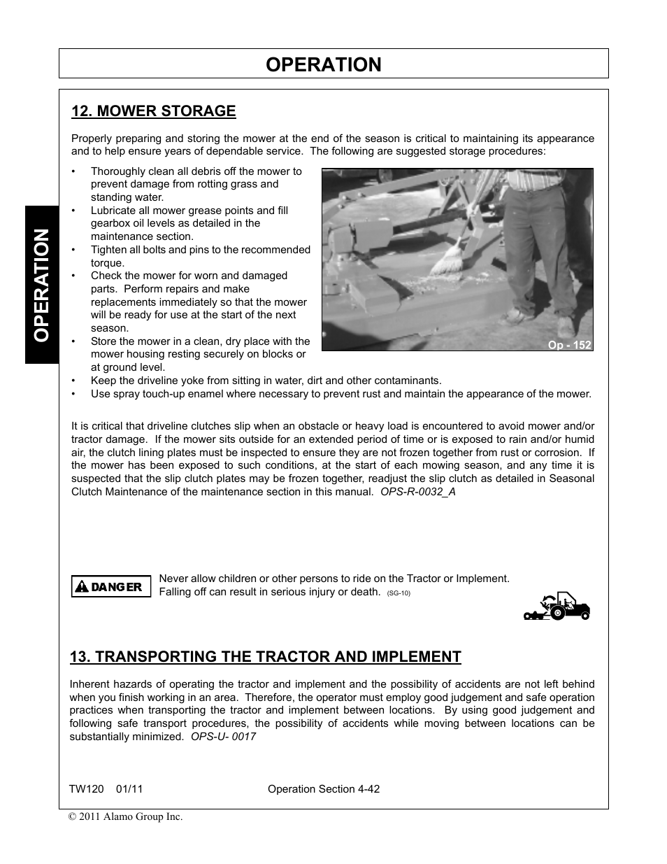 Mower storage, Transporting the tractor and implement, Operation | Opera t ion | Blue Rhino TW120 FC-0024 User Manual | Page 150 / 194