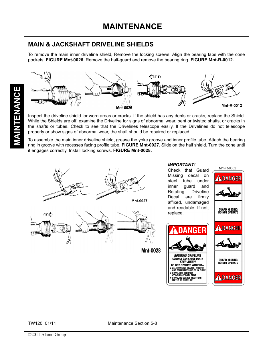 Main & jackshaft driveline shields, Main & jackshaft driveline shields -8, Maintenance | Blue Rhino TW120 FC-0024 User Manual | Page 164 / 194